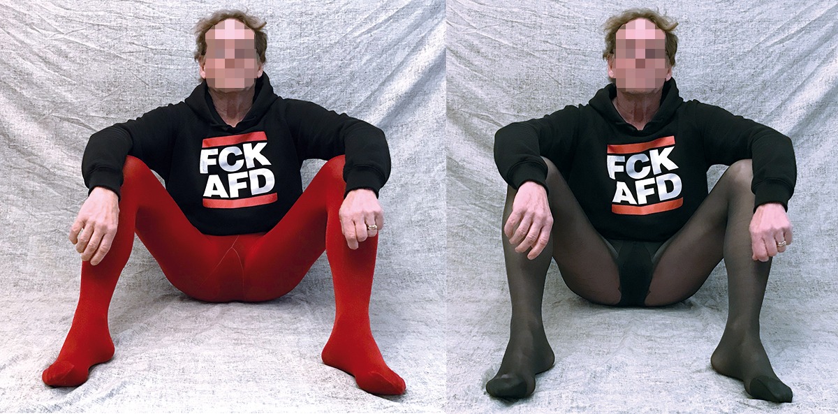 Ich in schwarzer und roter Strumpfhose mit FCK AFD-Hoodie
